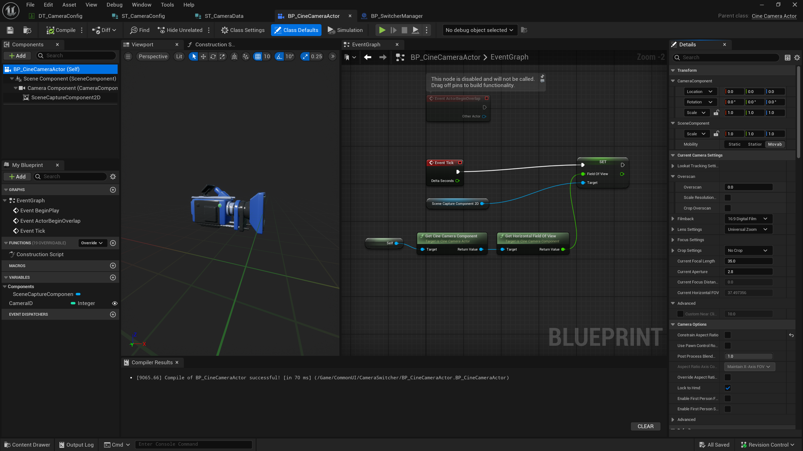 BP_CineCameraActor のコンポーネント構成と Tick での FOV 同期ノードグラフ