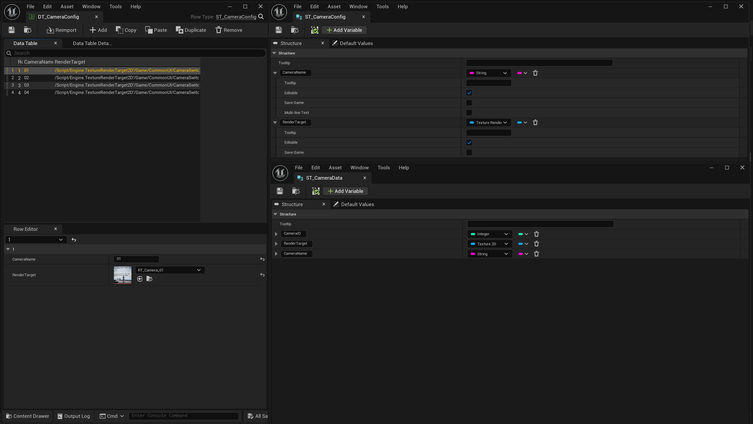 DT_CameraConfig DataTable に各カメラの名前と RenderTarget を登録した一覧